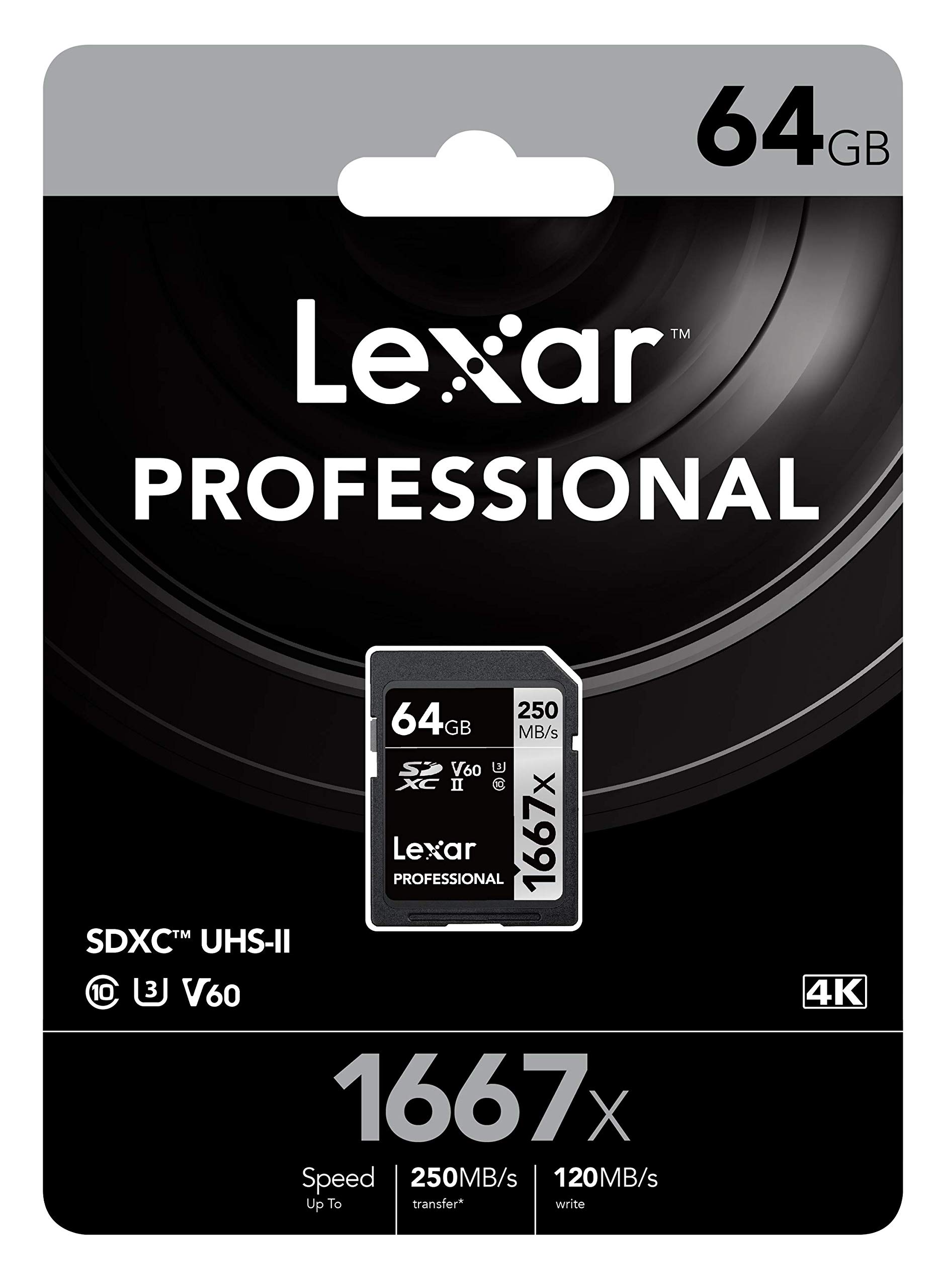 Lexar 64GB Professional 1667x SDXC UHS-II/V60/U3 card 250MB